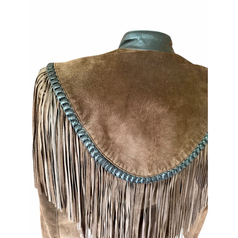 Cache Brown Suede Leather Fringe Western Crop Jacket Concho Buttons Vintage - Picture 7 of 13